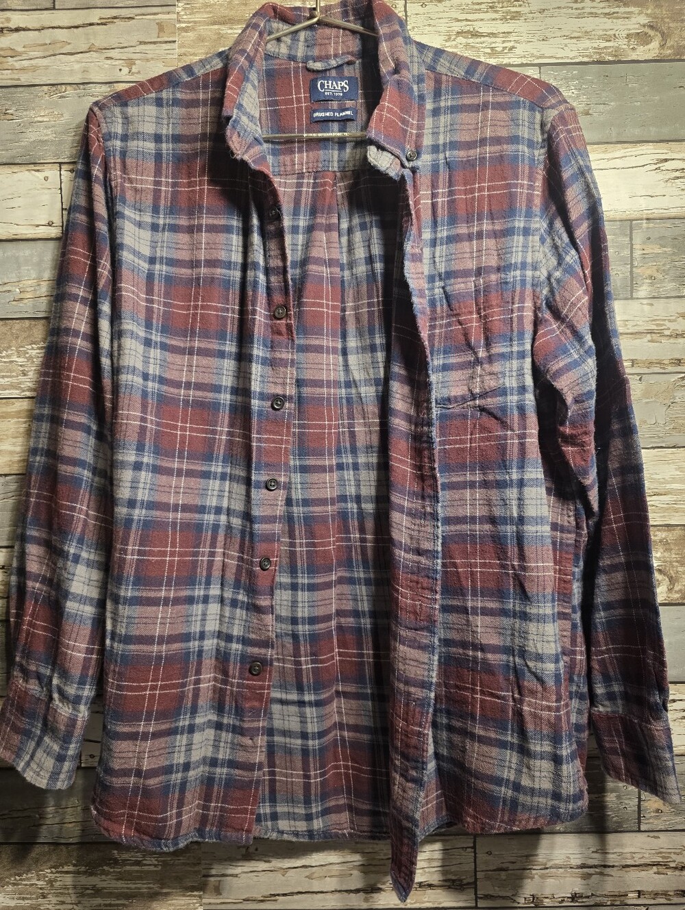 Chaps Men's Burgundy and Blue Plaid Button-Down Flannel Shirt